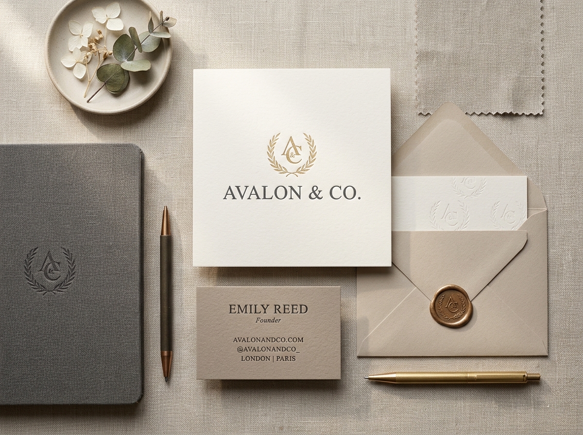 Studio flat-lay photography of luxury brand identity collateral